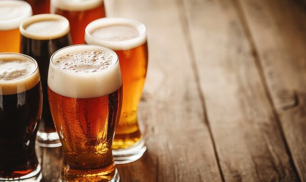 A collection of craft beers in glasses on a rustic wooden table, showcasing various colors and frothy tops under warm light.