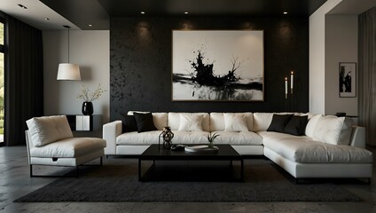 Modern living room design featuring a black wall and white sofa.