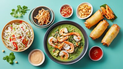 Delicious Authentic Thai Cuisine - Seafood Green Curry, Spicy Papaya Salad, Fried Spring Rolls with Side Sauces on Bright Background