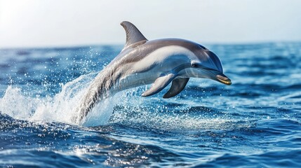 Obraz premium A playful dolphin leaping out of the clear blue ocean, creating a splash as it plays under the bright sun, capturing the joy of marine life.
