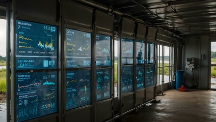 Monitoring system on a fish farm with data screens.