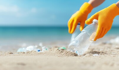 A person removes plastic waste from the beach, highlighting environmental awareness and the importance of marine conservation.