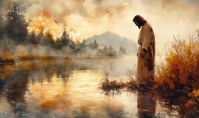 A serene landscape featuring a figure in contemplation by a peaceful river, surrounded by nature's beauty at dawn.