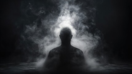 Obraz premium A silhouette of a person surrounded by ethereal mist, creating an atmospheric and mysterious ambiance in a dark setting.