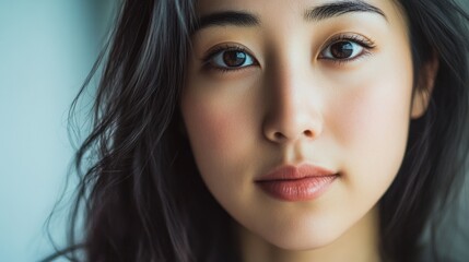 Fototapeta premium Close-up of an Asian woman looking confidently at the camera, embodying self-assurance and positivity.