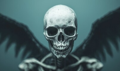 A striking artistic portrayal of a skull with wings, blending elements of life and death in a haunting and ethereal design.