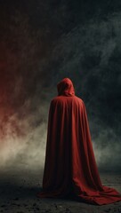 Mysterious figure in a red cape against a solid background.