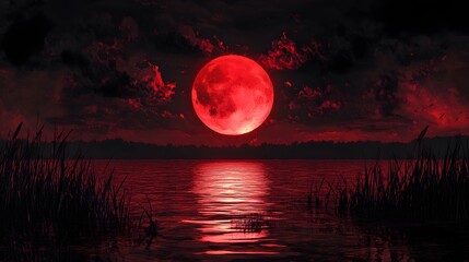 A dark red moonlight over the water, a crimson sky with black clouds, and dark grass on both sides of the river - a fantasy art style painting