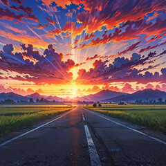 夕日に照らされた道路