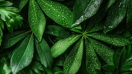 Fototapeta premium Flat lay of a tropical plant with water droplets scattered on the leaves, with the top half of the image open for text or logos.