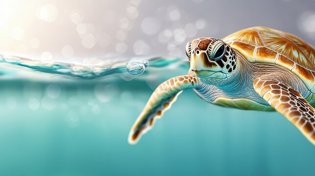 A turtle gracefully swims in clear turquoise water, showcasing its detailed shell and serene environment.