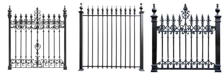 A collection of ornate metal gates showcasing intricate designs, perfect for architectural or decorative themes in design projects. on transparent cutout, PNG file. Mockup template