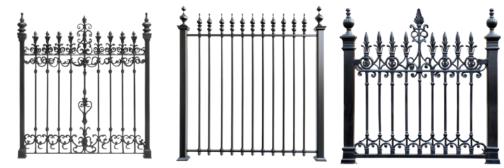 A collection of ornate metal gates showcasing intricate designs, perfect for architectural or decorative themes in design projects. on transparent cutout, PNG file. Mockup template