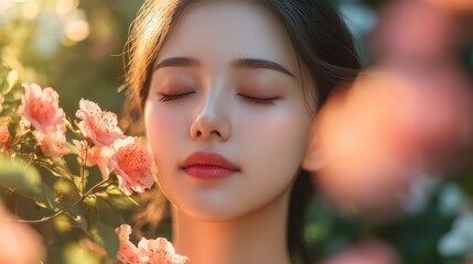 Naklejka premium Close-up of an Asian woman with closed eyes, savoring the aroma of flowers while meditating in a garden.