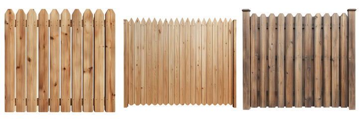 A collection of wooden fences showcasing various textures and colors, perfect for landscaping and outdoor decor inspiration. on transparent cutout, PNG file. Mockup template