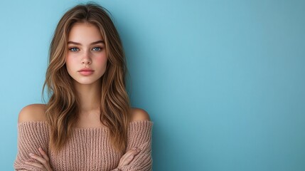Obraz premium portrait of a serious and emotional young caucasian woman isolated on a blue background, conveying feelings of tiredness and introspection with ample copy space