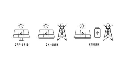 The icon shows that solar cells have 3 systems: Off-Grid, On-Grid, and Hybrid.