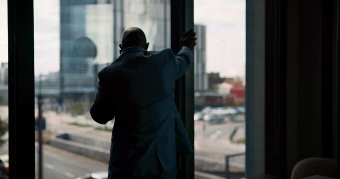 Business, man and back by window with phone call for client updates, portfolio and deal negotiation. Male investment banker, communication and discussion for economic forecast and stock performance.