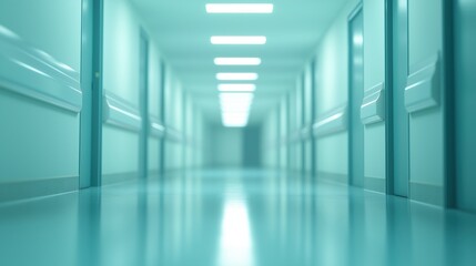 A sterile hospital hallway with closed doors, bright fluorescent lights, and reflective flooring, evoking a clinical, quiet atmosphere.
