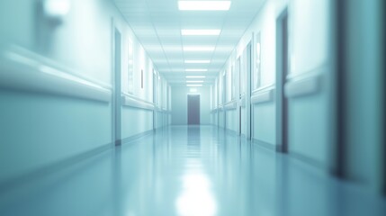 Fototapeta premium A sterile hospital hallway with closed doors, bright fluorescent lights, and reflective flooring, evoking a clinical, quiet atmosphere.
