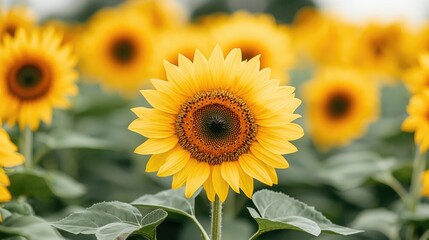 Fototapeta premium A vibrant sunflower stands tall in a lush field, showcasing its bright yellow petals and captivating center, symbolizing summer beauty.