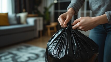 Close-up of a person tying a black garbage bag in a bright, modern living room.