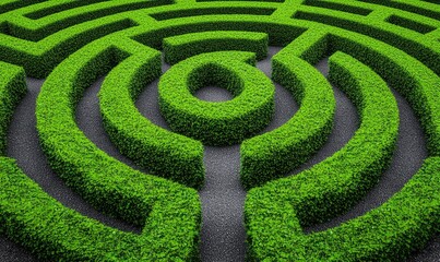 Aerial view of a lush, green maze created from neatly trimmed hedges, providing an intriguing geometric pattern.