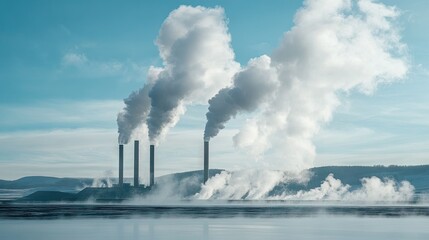 Geothermal power plant with steam rising from vents, with a large open area of the sky for copy.