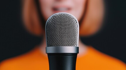 Close-up of a microphone with a woman in the background, conveying themes of music, performance, and communication.