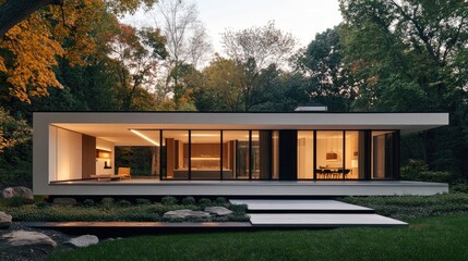 A serene exterior view of a modern minimalist house surrounded by nature, featuring clean lines and large windows that invite natural light.