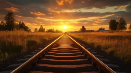 Obraz premium A stunning sunset illuminates railroad tracks leading into the distance, surrounded by golden grass fields.