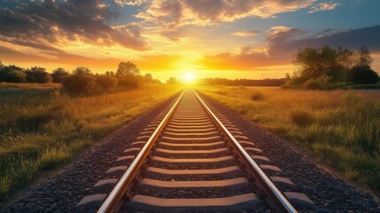 Obraz premium A stunning sunset illuminates railroad tracks leading into the distance, surrounded by golden grass fields.