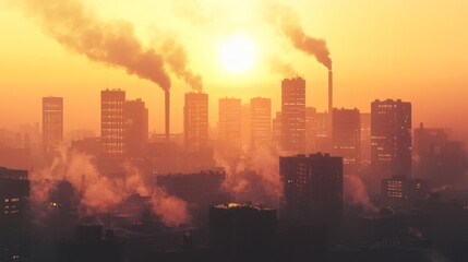 Fototapeta premium A polluted city skyline covered in smog, with heatwaves rising from the buildings, symbolizing urban heat islands and the effects of global warming