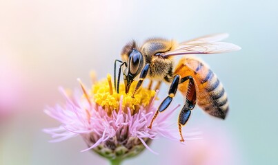Close-up view of a bee collecting nectar from a vibrant flower, showcasing the beauty of nature and the importance of pollinators.