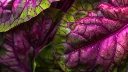 Close up of vibrant purple and green leaves showcasing intricate veins and textures against a blurred background