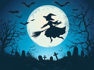 A silhouette of a witch flying on a broomstick