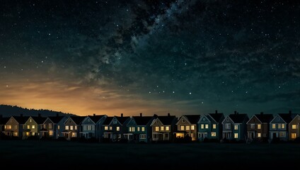 Night sky filled with silhouettes of houses.