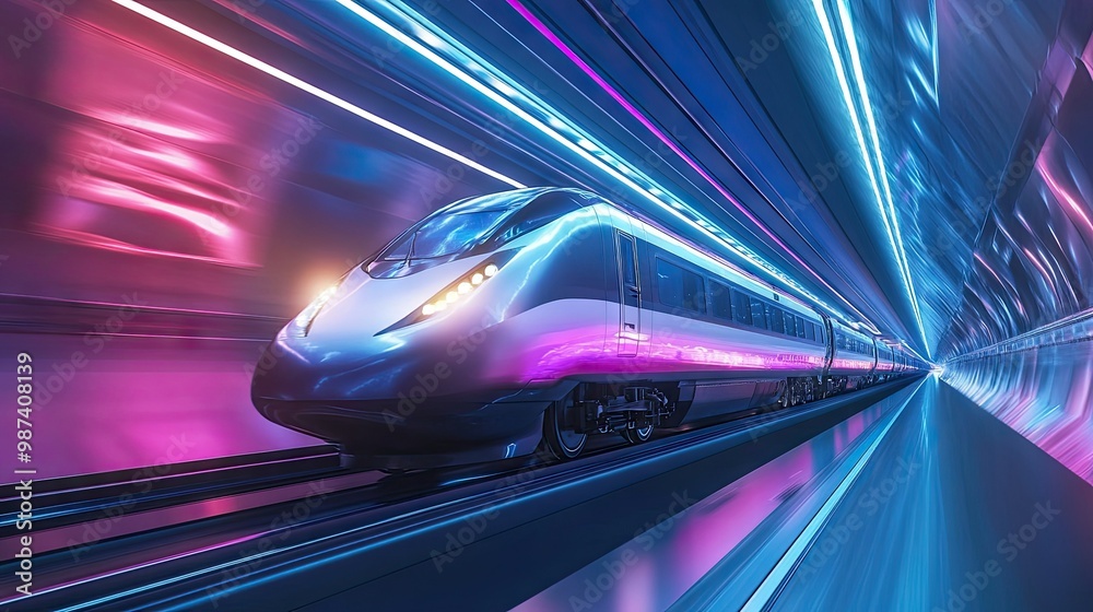 Poster high-speed train moving through a futuristic tunnel with a large area of clean background for text.