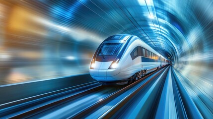 High-speed train moving through a futuristic tunnel with a large area of clean background for text.