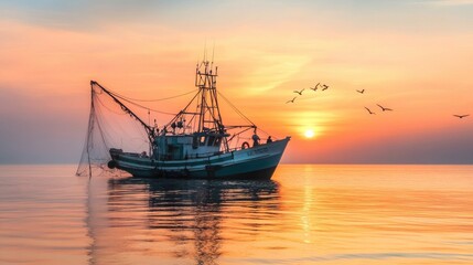 Naklejka premium A serene shot of a fishing trawler at dawn, casting nets into the water, highlighting the connection between humans and the ocean's bounty.