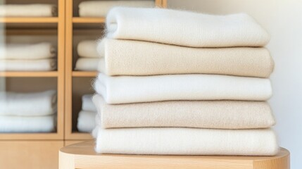 A pile of fluffy knit sweaters in white and beige sits atop each other in a cozy home setting, surrounded by warm hues and a wooden cabinet, creating a welcoming atmosphere