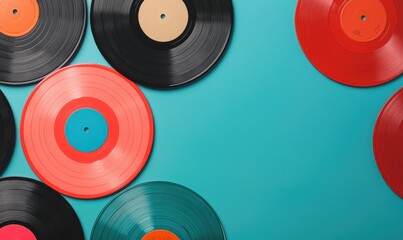 Colorful vinyl records arranged on a turquoise background, perfect for music lovers or retro enthusiasts.