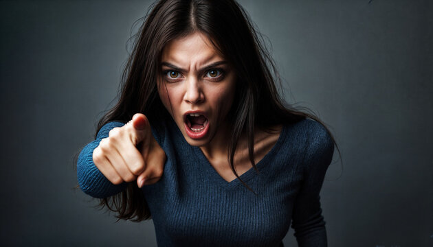 Furious Woman Yelling and Pointing in Anger, Expressing Strong Emotion and Aggression