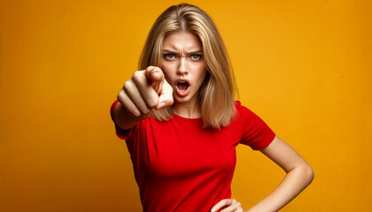 Fototapeta premium Serious Woman Pointing with Intense Expression, Showing Anger and Confrontation