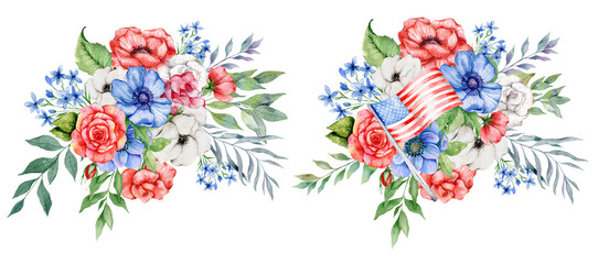 4th of July Patriotic Concept. Patriotic Design. Red Blue and White Flower Bouquet Watercolor Illustration. Independence Day design element. Hand Painted Watercolor Botanical Illustration.