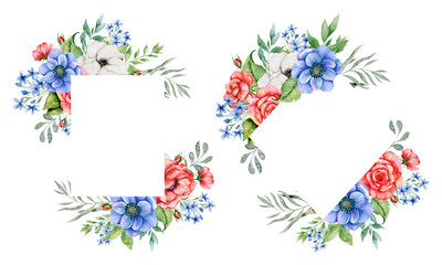 4th of July Patriotic Concept. Patriotic Design. Red Blue and White Flower Frame Watercolor Illustration. Independence Day design element. Hand Painted Watercolor Botanical Illustration.