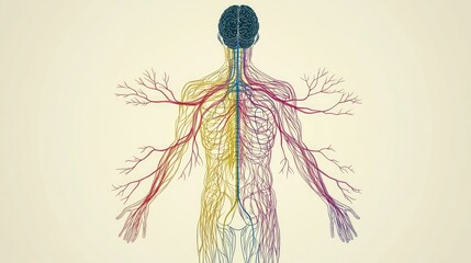 Human nervous system diagram, centrally aligned with plenty of blank space around for copy. -