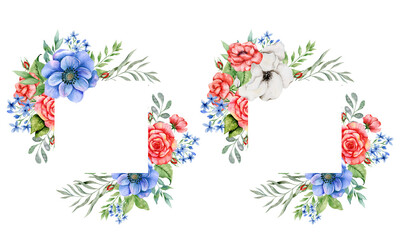 4th of July Patriotic Concept. Patriotic Design. Red Blue and White Flower Frame Watercolor Illustration. Independence Day design element. Hand Painted Watercolor Botanical Illustration.