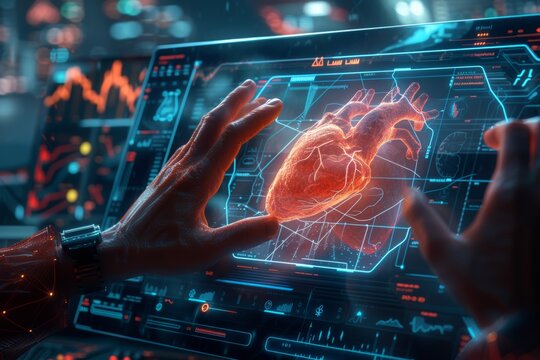 Futuristic scene depicting cardiac surgery using advanced technology and holographic interfaces to perform heart surgery, highlighting potential for precision and efficiency in medical procedures