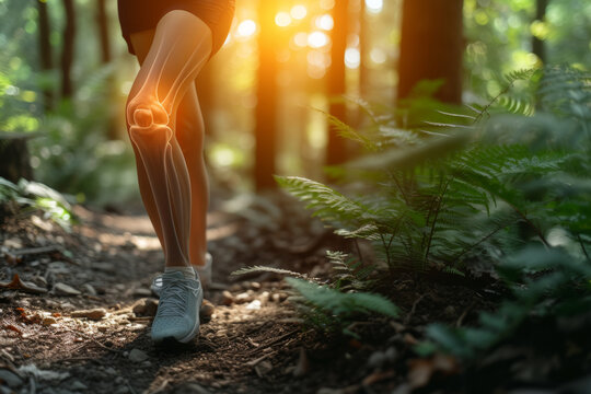 Hiker knee joints are highlighted while trekking through forest, emphasizing health and joint care during outdoor activities, encouraging mindful movement and exercise